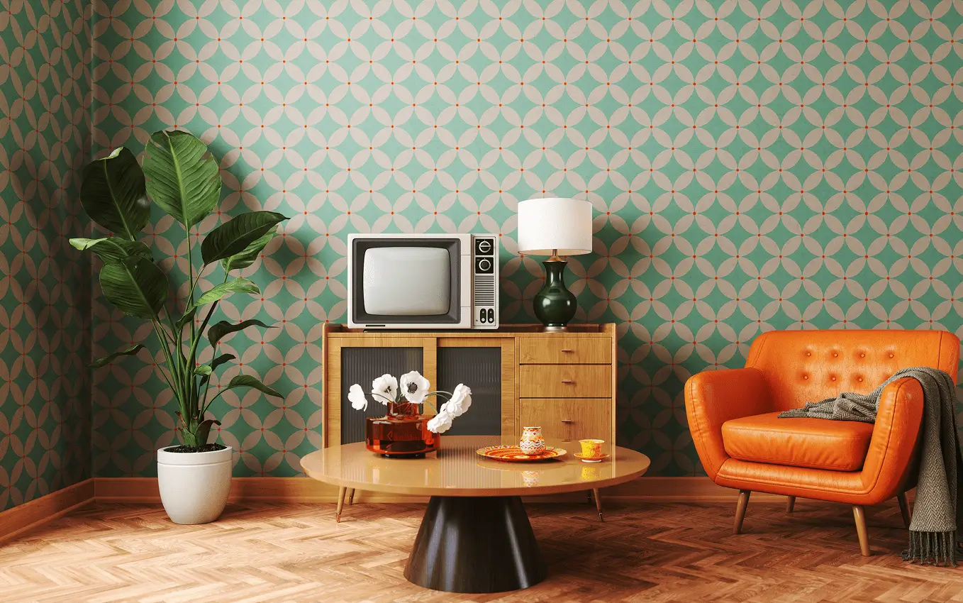 Retro living room with vintage decor elements.